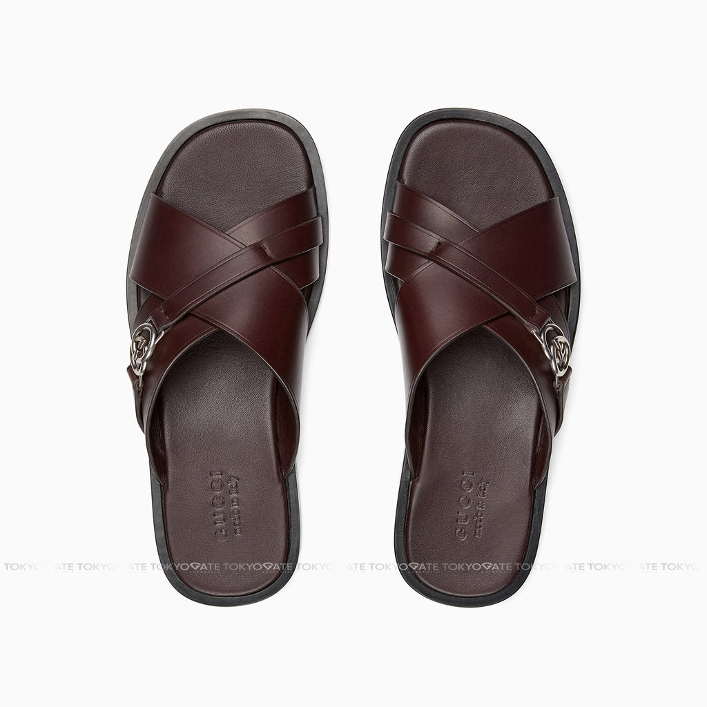 Dép Gucci Interlocking GG Sandals in Leather Burgundy