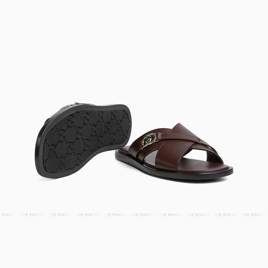 Dép Gucci Interlocking GG Sandals in Leather Burgundy