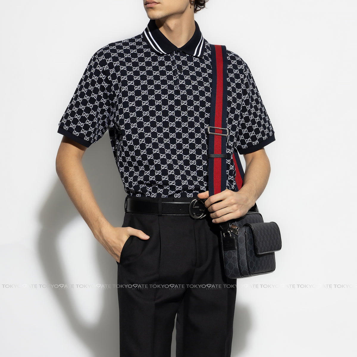 Áo polo Gucci 788024 XJHH7 4137 GG Cotton Piquet Jacquard Navy & White