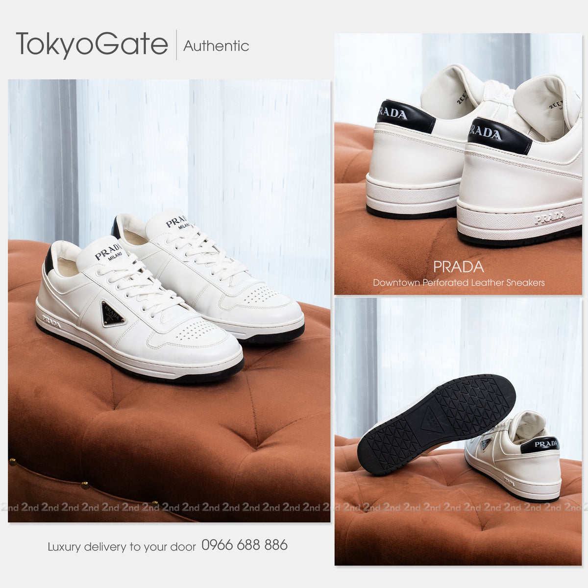[2nd] Giày Prada Downtown Leather Sneakers All White
