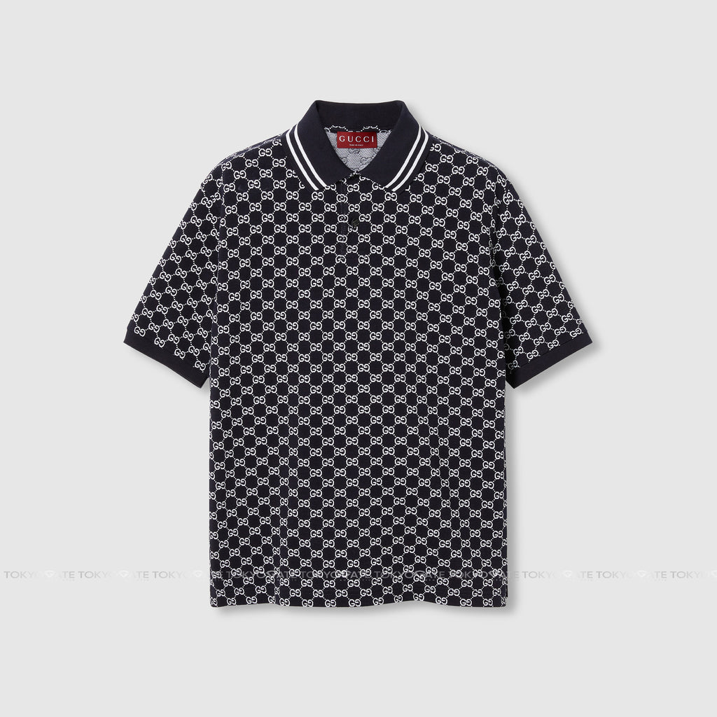 Áo polo Gucci 788024 XJHH7 4137 GG Cotton Piquet Jacquard Navy & White