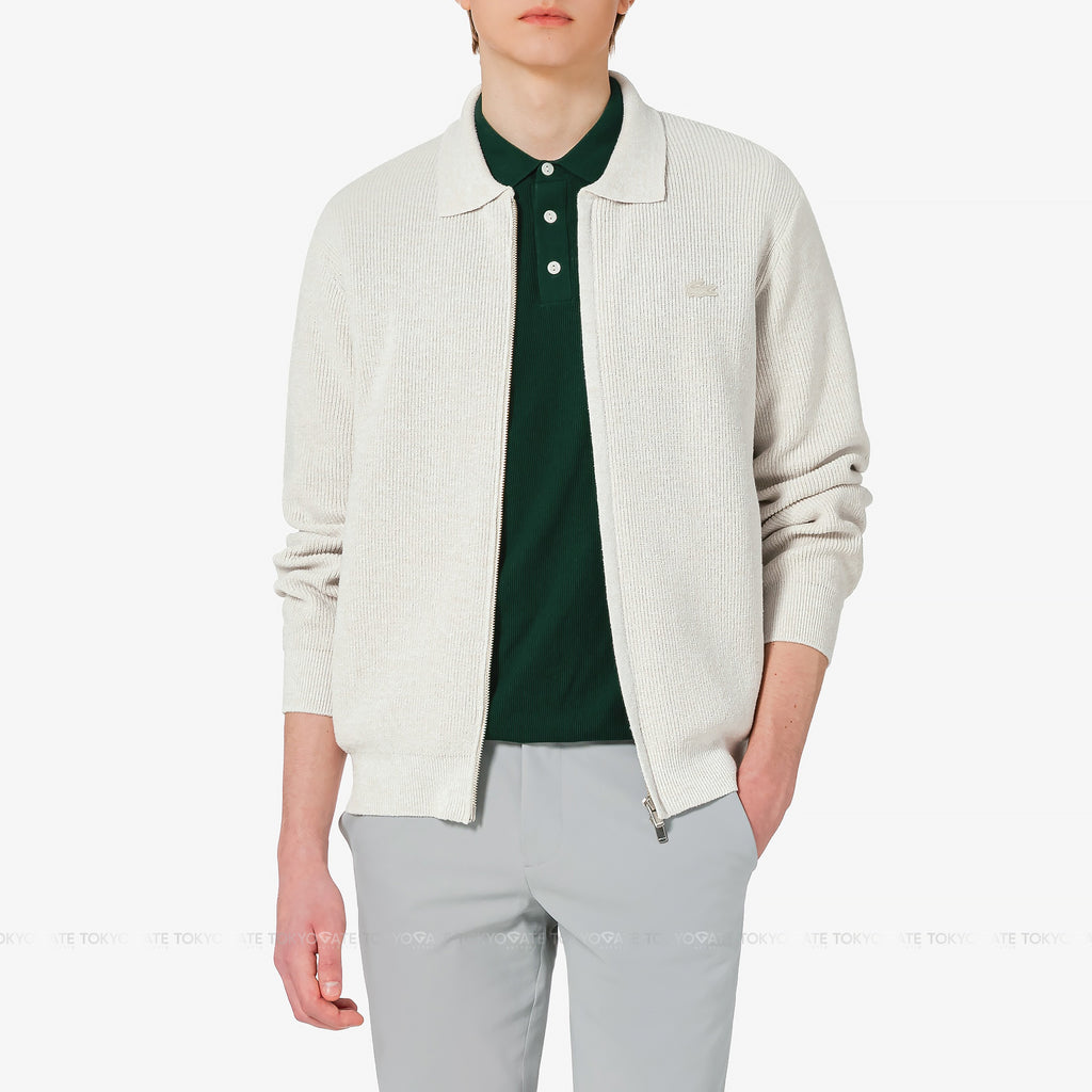 Áo khoác cardigan Lacoste AH403E 56G S7G Ribbed Collar Zip-Up Beige Regular Fit