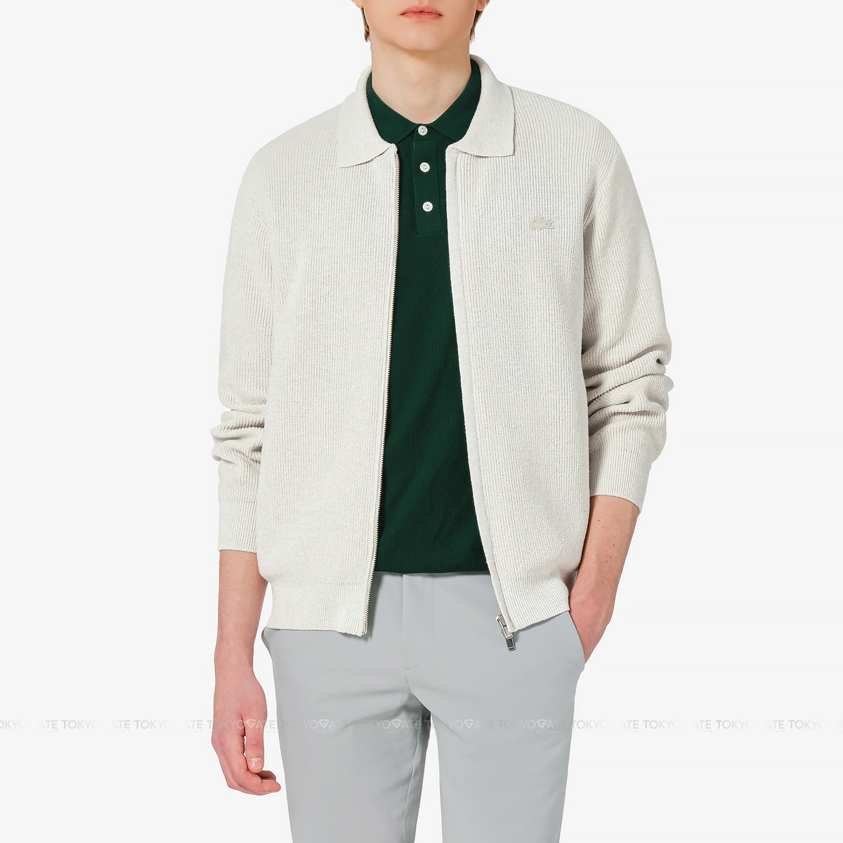 Áo khoác cardigan Lacoste AH403E 56G S7G Ribbed Collar Zip-Up Beige Regular Fit