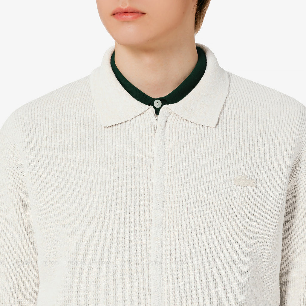 Áo khoác cardigan Lacoste AH403E 56G S7G Ribbed Collar Zip-Up Beige Regular Fit