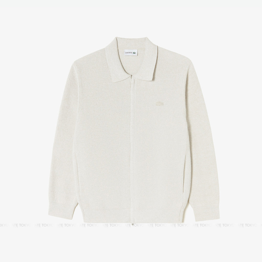 Áo khoác cardigan Lacoste AH403E 56G S7G Ribbed Collar Zip-Up Beige Regular Fit