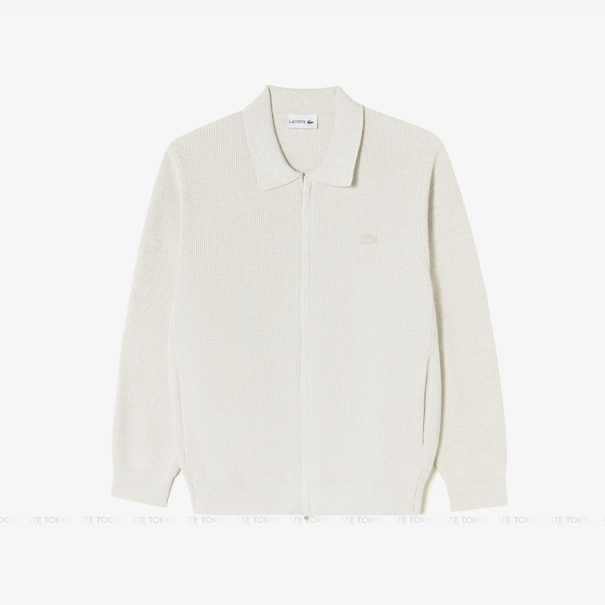 Áo khoác cardigan Lacoste AH403E 56G S7G Ribbed Collar Zip-Up Beige Regular Fit