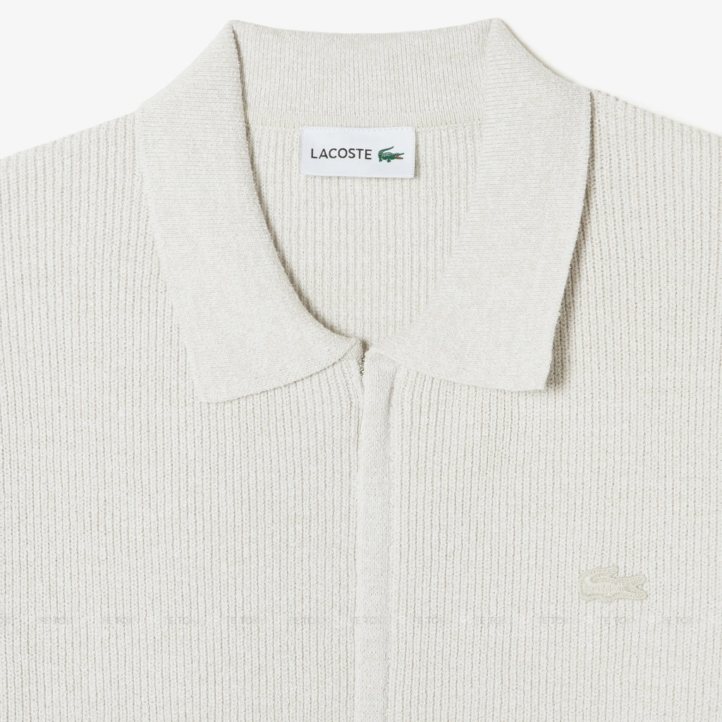 Áo khoác cardigan Lacoste AH403E 56G S7G Ribbed Collar Zip-Up Beige Regular Fit