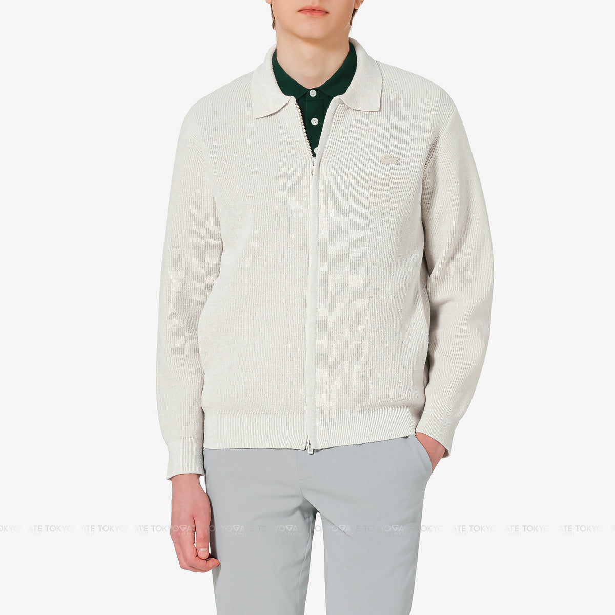 Áo khoác cardigan Lacoste AH403E 56G S7G Ribbed Collar Zip-Up Beige Regular Fit