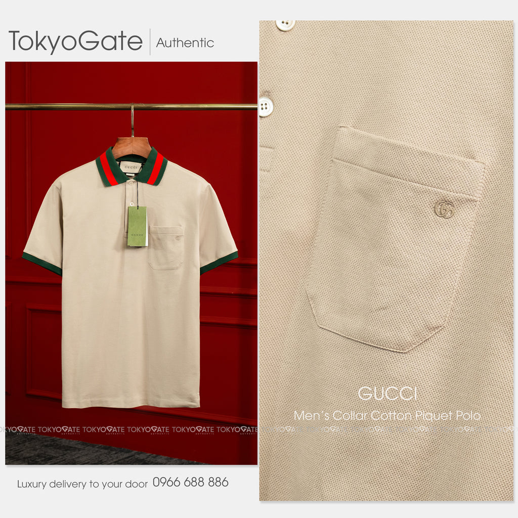 Áo polo Gucci 701735 XJELJ 2219 Cotton Piquet Polo With Web Collar Beige Regular Fit