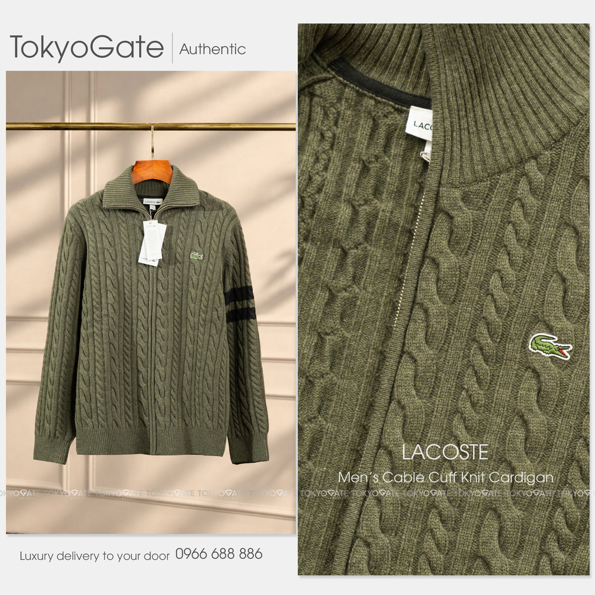 Áo khoác Lacoste AH302E BMY Cable-Knit Zip-Up Cardigan Dark Green Regular Fit