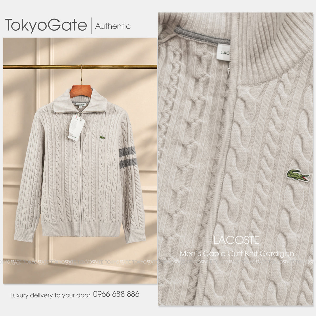 Áo khoác Lacoste AH302E XFJ Cable-Knit Zip-Up Cardigan Beige Regular Fit