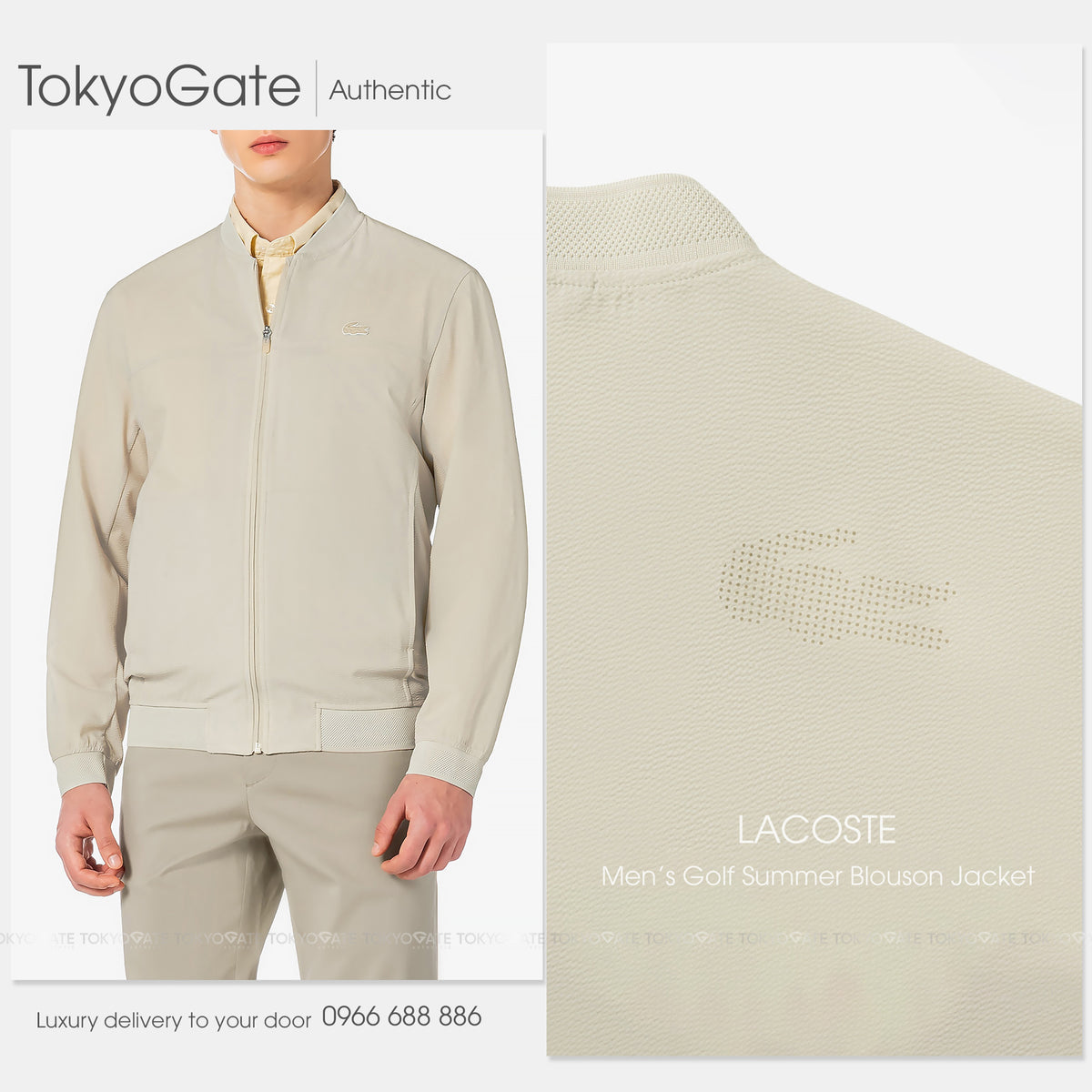 Áo khoác Lacoste BH955E 56G 02S Zip-Up Golf Windbreaker Jacket Beige Regular Fit