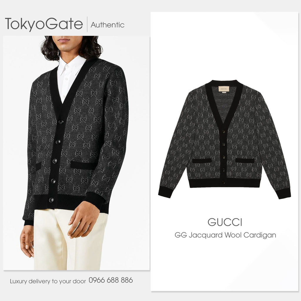 Áo khoác cardigan Gucci 761550 XKDK5 GG Jacquard Wool Cardigan Grey