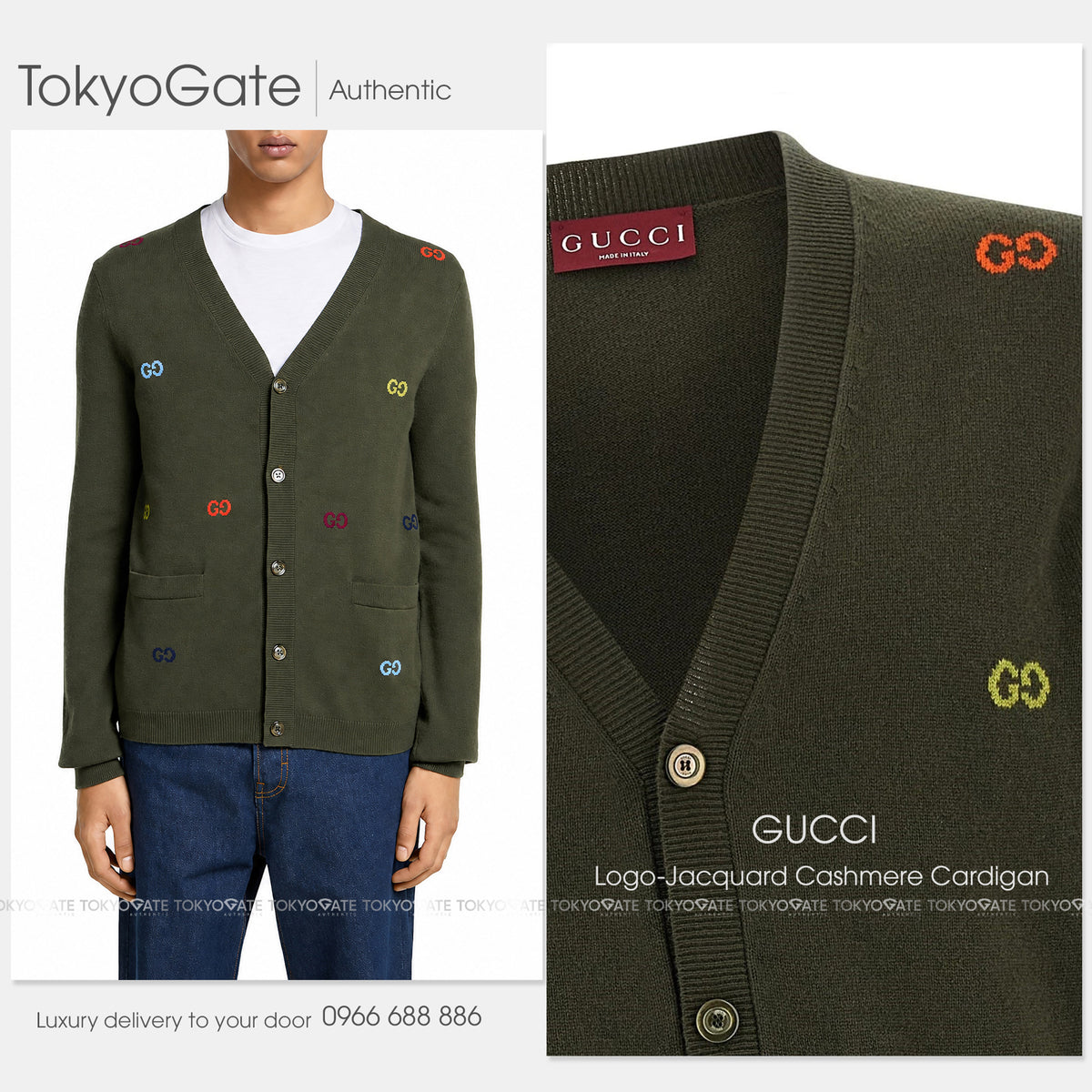 Áo khoác cardigan Gucci 833671 XKEYI 3018 Cashmere Forest Green Regular Fit