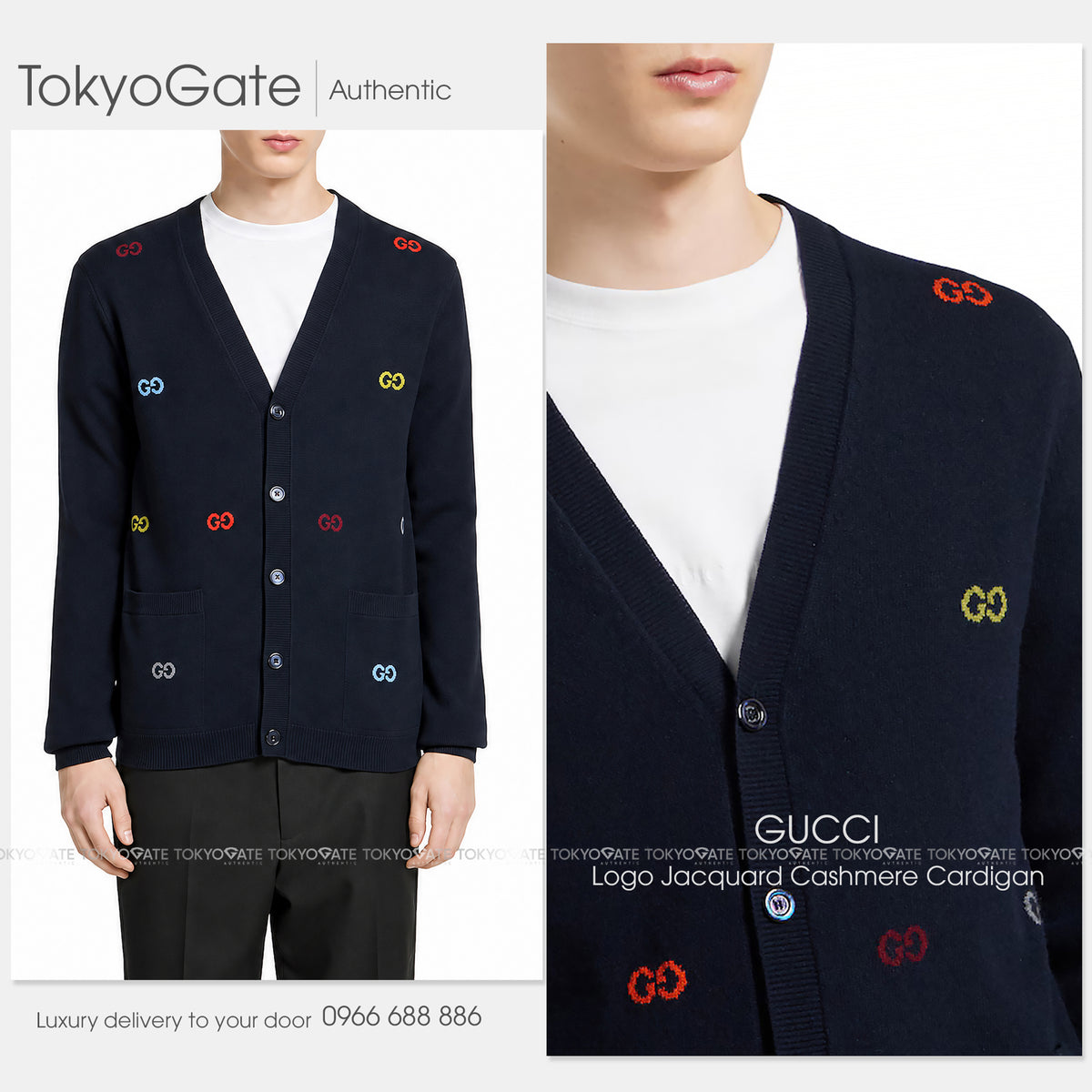 Áo khoác cardigan Gucci 833671 XKEYI 4735 Cashmere Navy Regular Fit