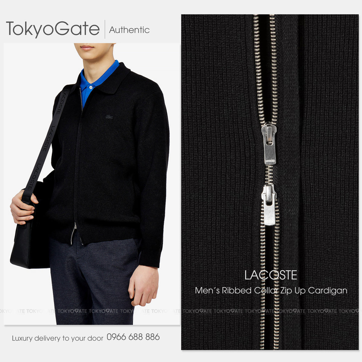 Áo khoác cardigan Lacoste AH403E 56G 031 Ribbed Collar Zip-Up Black Regular Fit