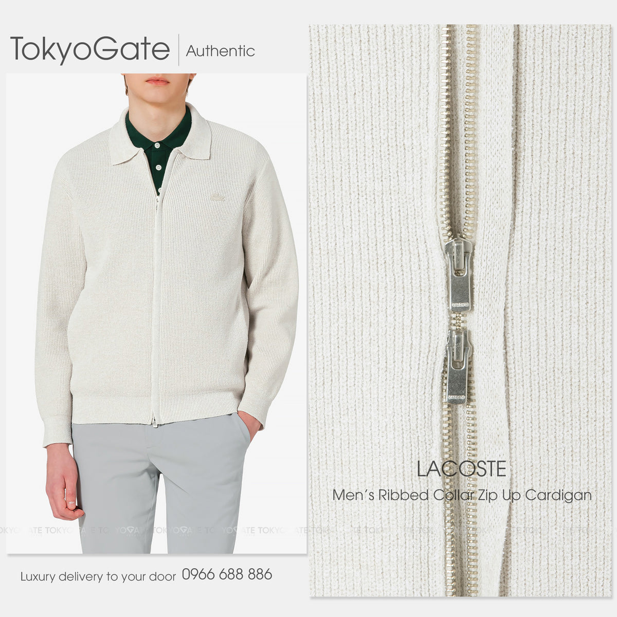 Áo khoác cardigan Lacoste AH403E 56G S7G Ribbed Collar Zip-Up Beige Regular Fit