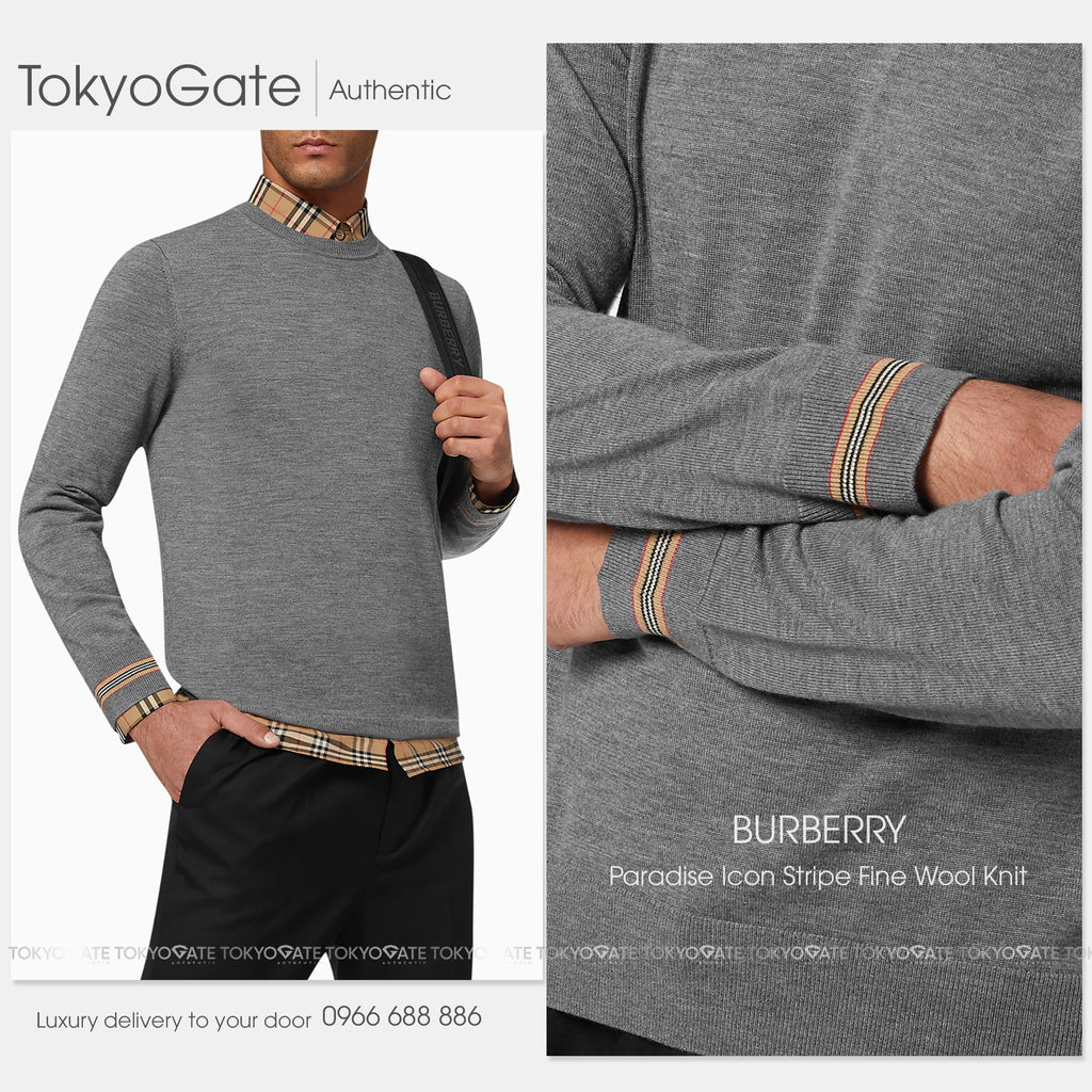 Áo len Burberry 8033203 Paradise Icon Stripe Fine Wool Knit Mid Grey Melange Slim Fit