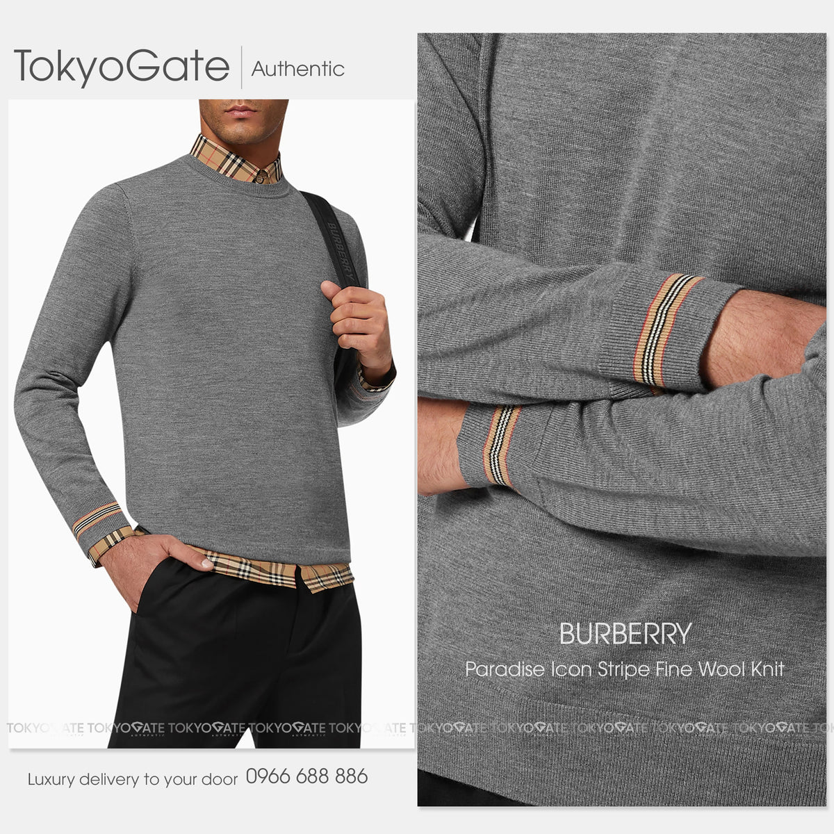 Áo len Burberry 8033203 Paradise Icon Stripe Fine Wool Knit Mid Grey Melange Slim Fit