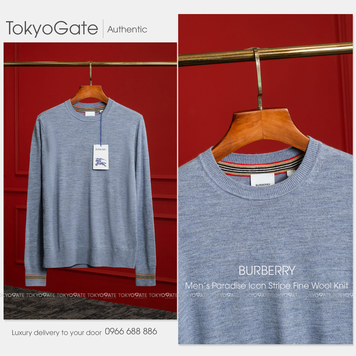 Áo len Burberry 8111781 Paradise Icon Stripe Fine Wool Knit Mid Blue Melange