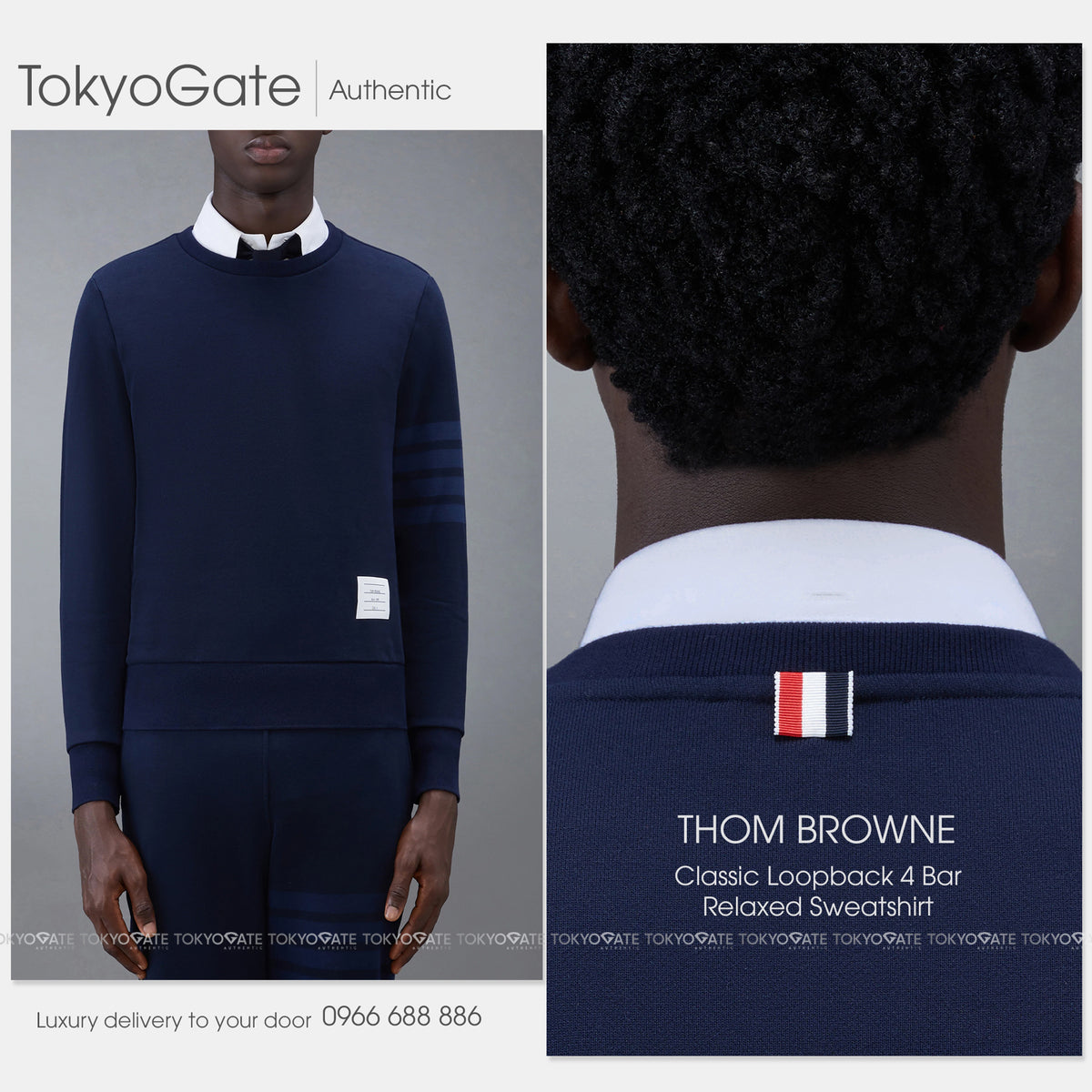 Áo nỉ Thom Browne MJT248A 00016 415 Tonal 4-Bar Loopback Navy Regular Fit
