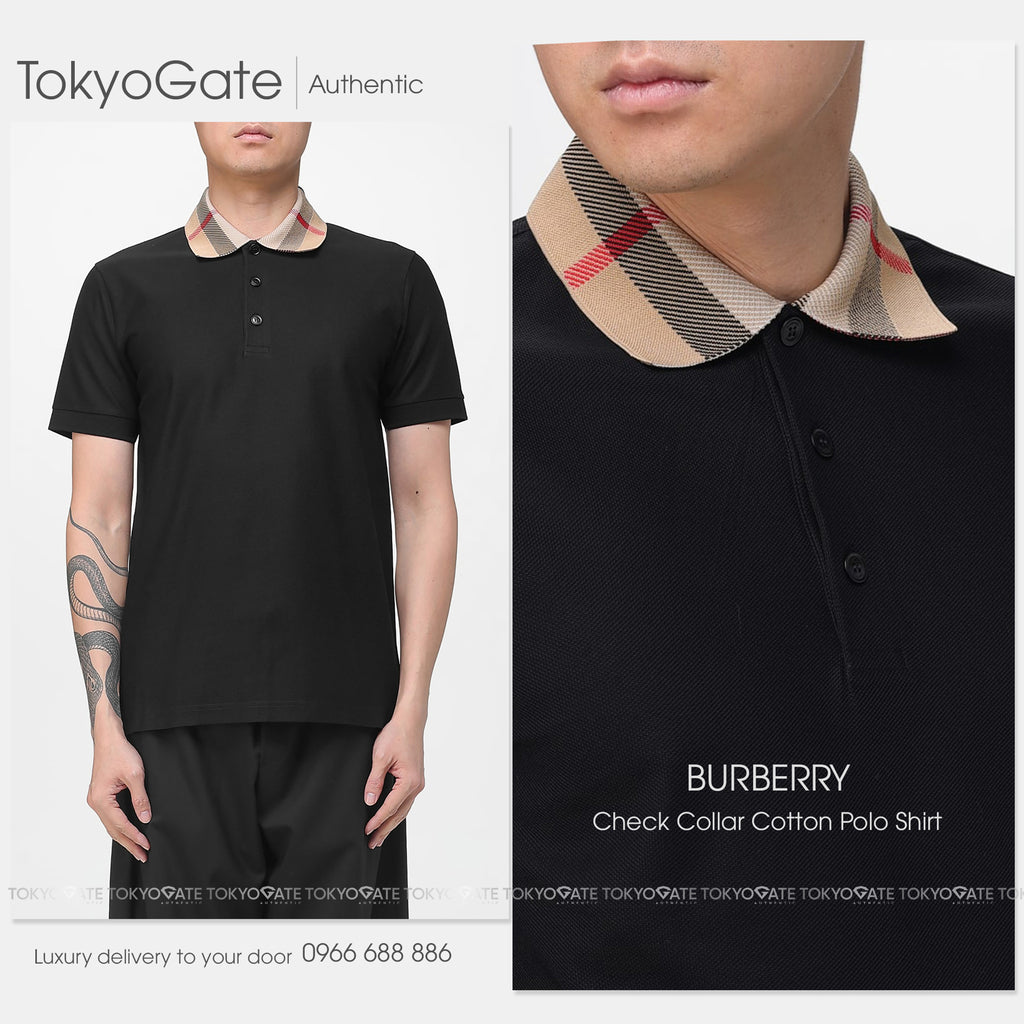 Áo polo Burberry 8071620 Cody Check Collar Cotton Polo Black Slim Fit