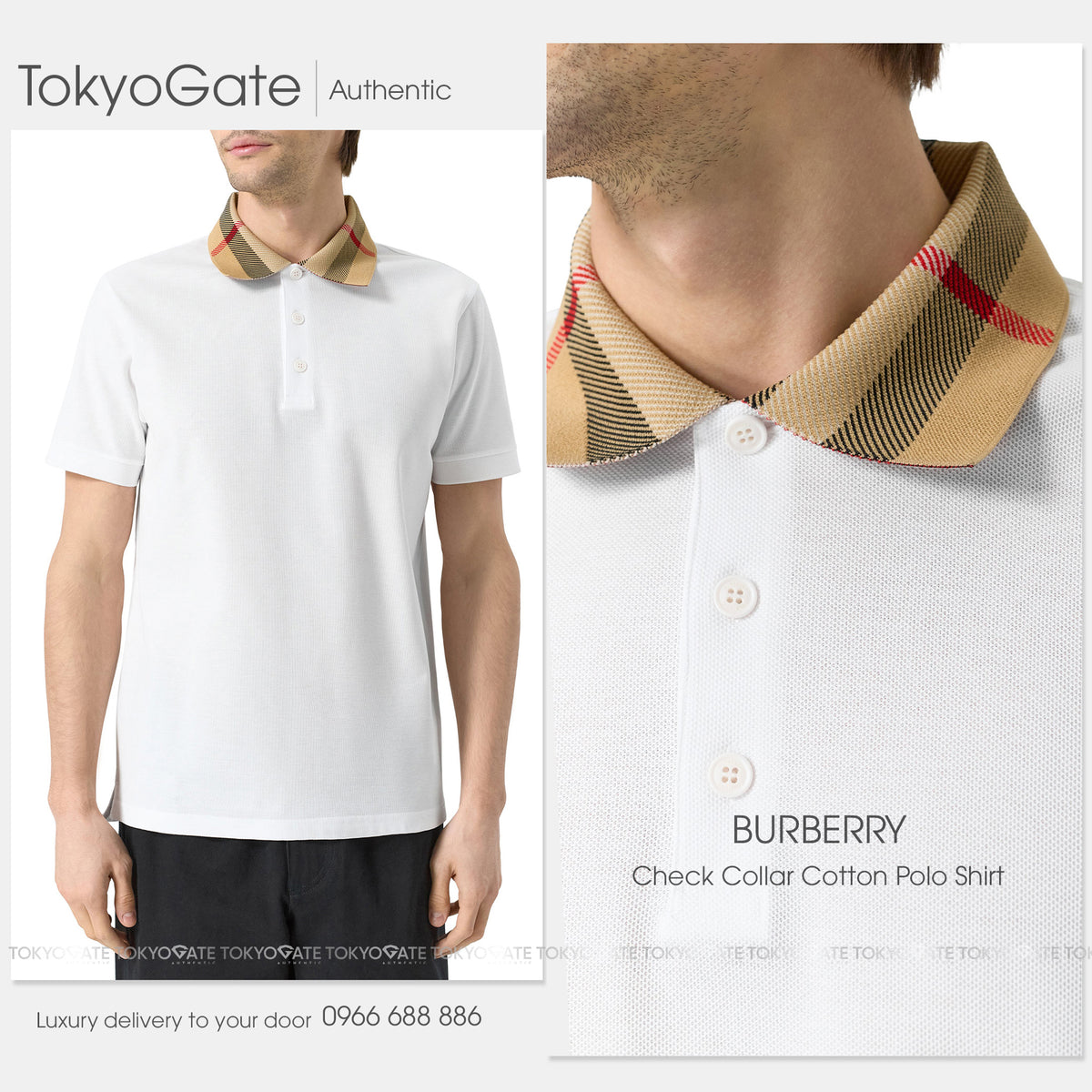 Áo polo Burberry 8071621 Cody Check Collar Cotton Polo White Slim Fit