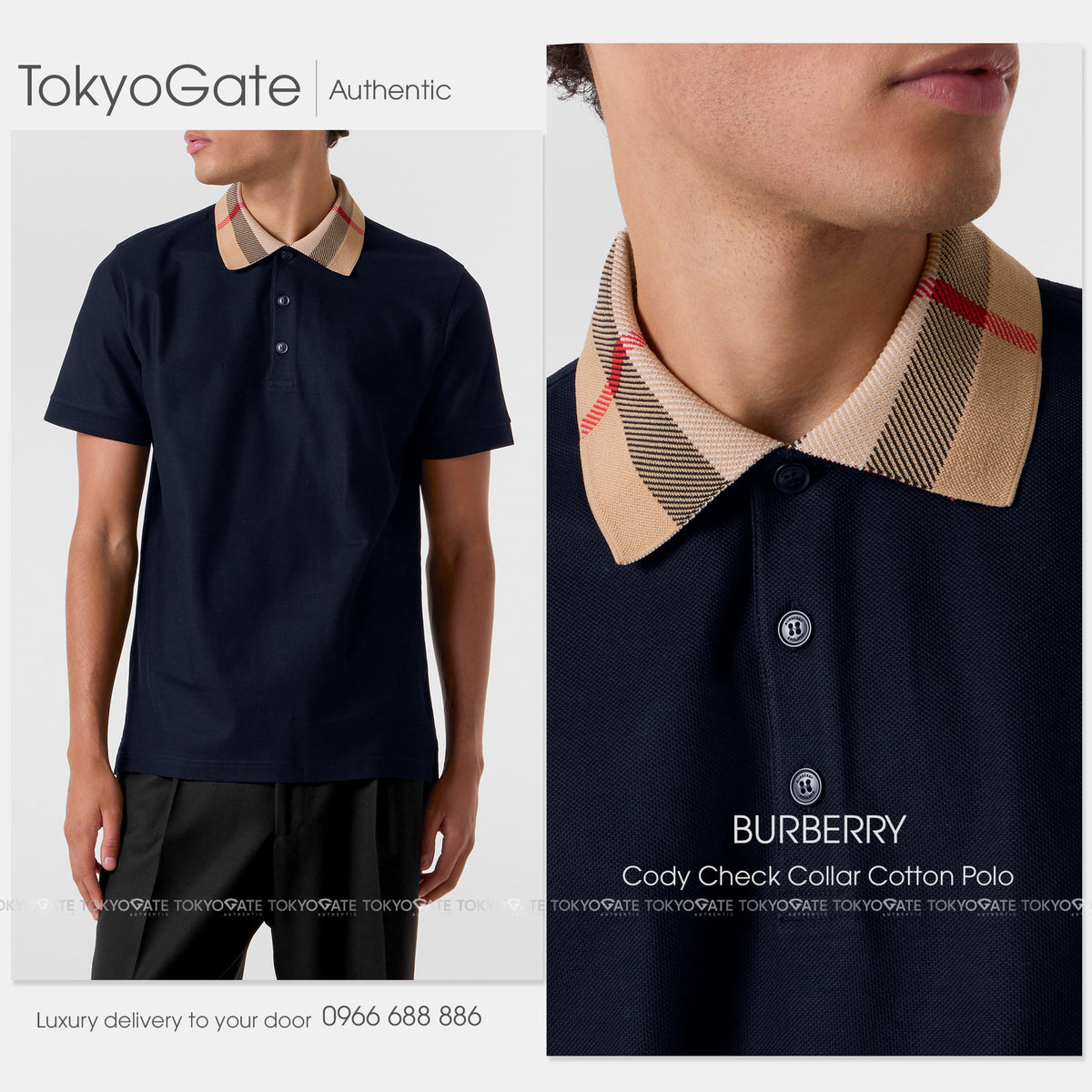 Áo polo Burberry 8072661 Cody Check Collar Cotton Polo Smoked Navy Slim Fit
