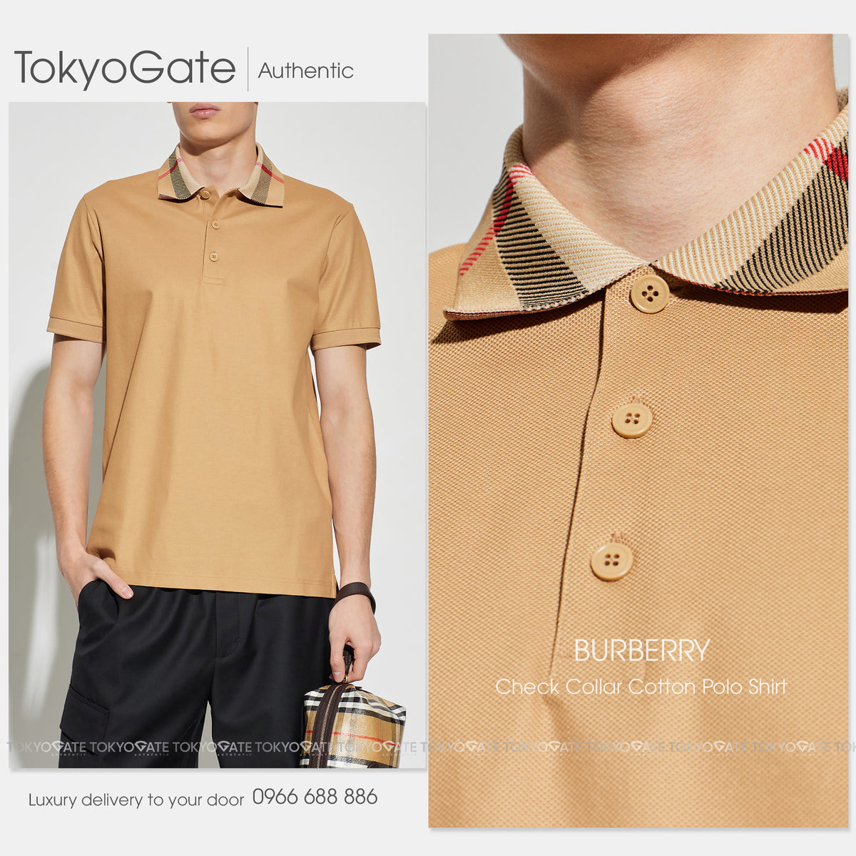Áo polo Burberry 8095924 Cody Check Collar Polo Beige Slim Fit