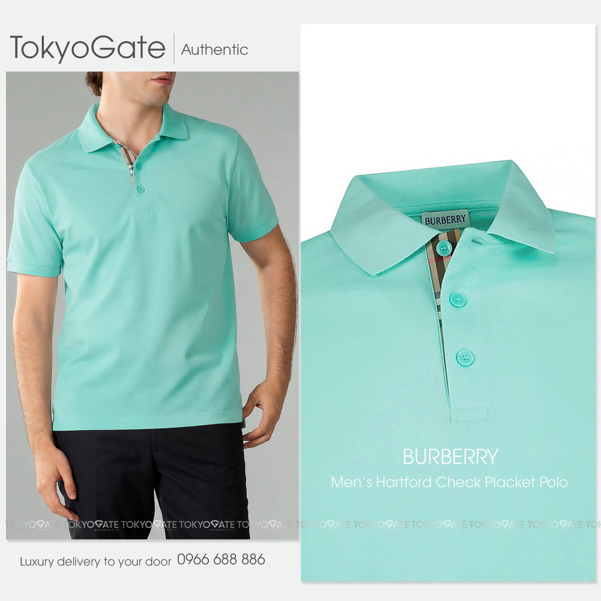 Áo polo Burberry 8112395 Hartford Check Placket Polo Summer Mint