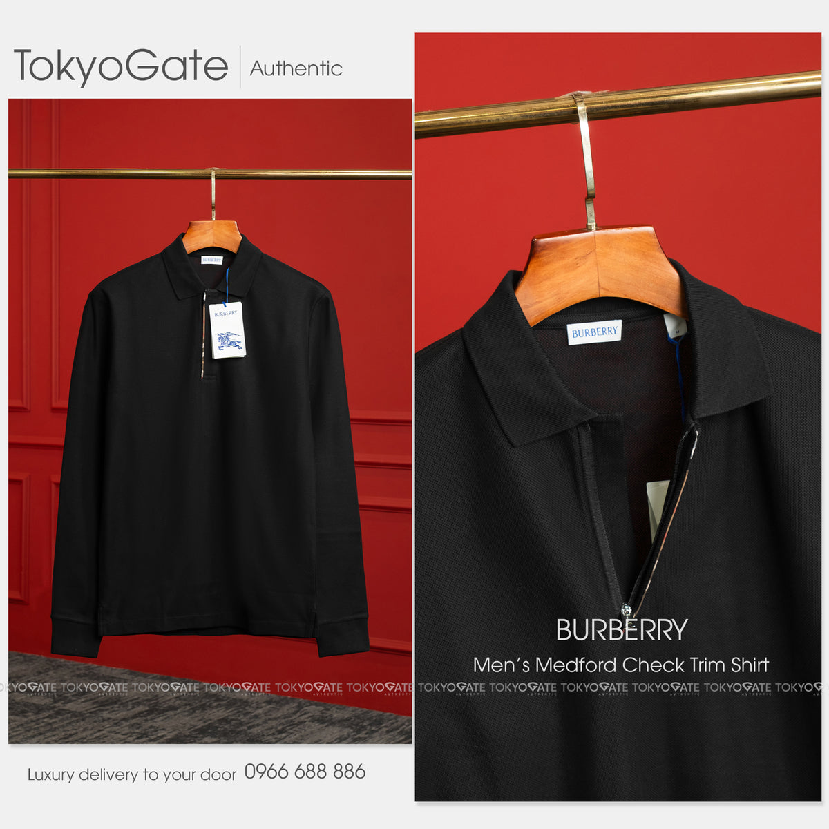 Áo polo Burberry 8112449 Medford LS ZP Black Slim Fit