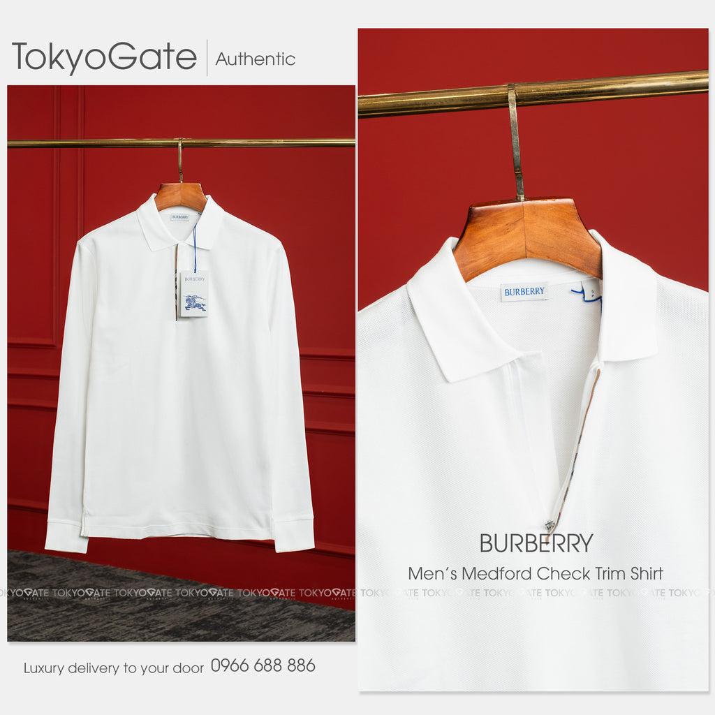 Áo polo Burberry 8112450 Medford LS ZP White Slim Fit