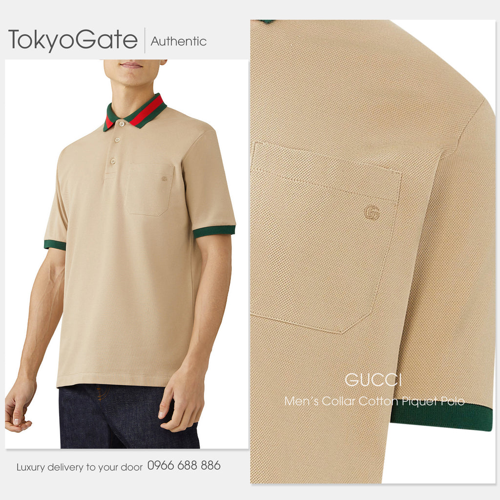 Áo polo Gucci 701735 XJELJ 2219 Cotton Piquet Polo With Web Collar Beige Regular Fit