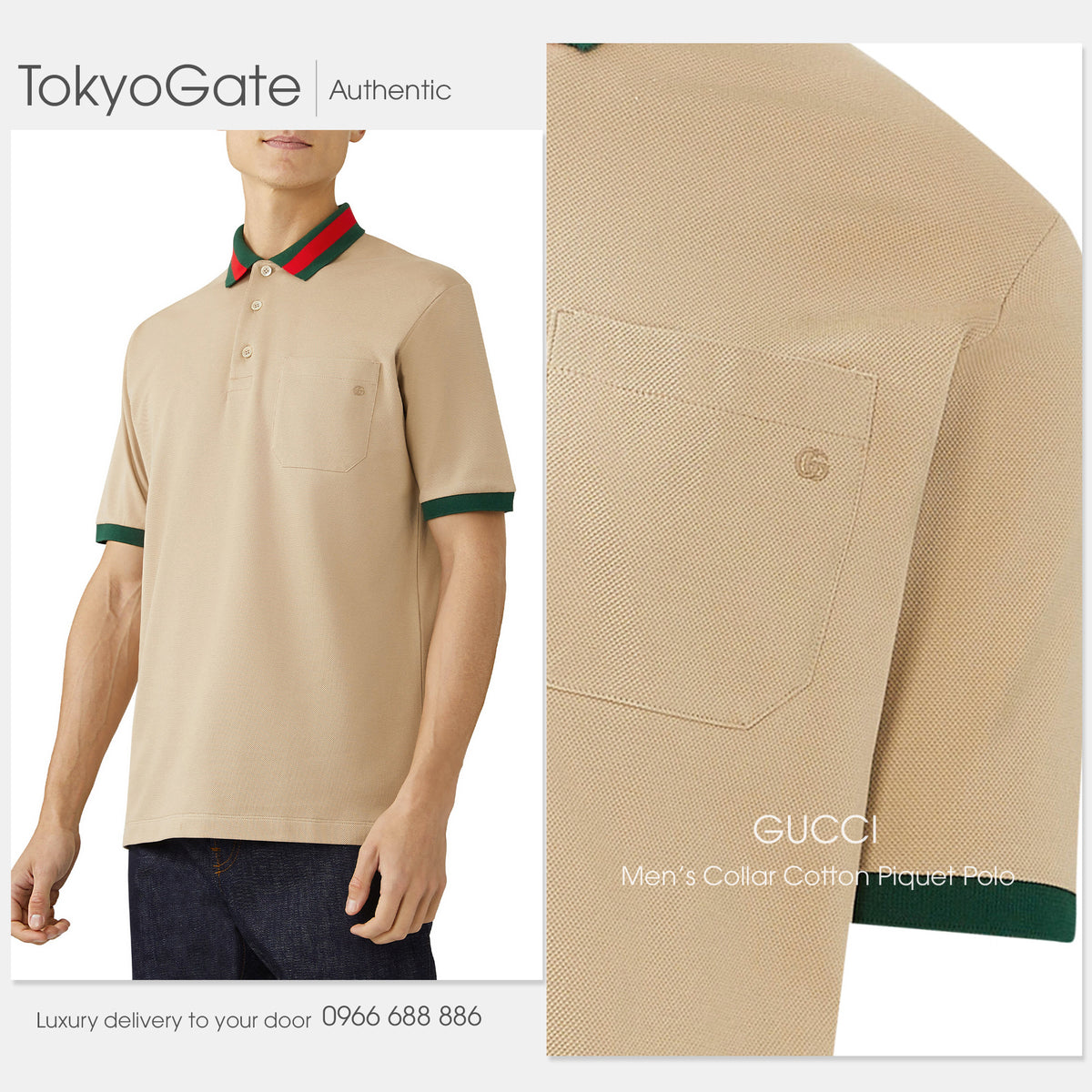 Áo polo Gucci 701735 XJELJ 2219 Cotton Piquet Polo With Web Collar Beige Regular Fit