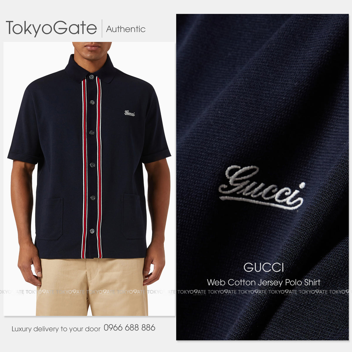 Áo polo Gucci 742380 XJGKU 4215 Web Stripe Cotton Jersey Navy Regular Fit