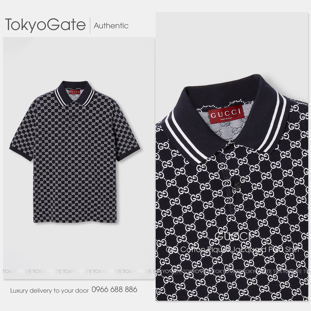 Áo polo Gucci 788024 XJHH7 4137 GG Cotton Piquet Jacquard Navy & White