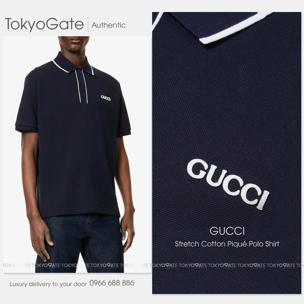 Áo polo Gucci 806250 XJG3G 4003 Cotton Piquet Polo Shirt With Embroidery Navy Regular Fit