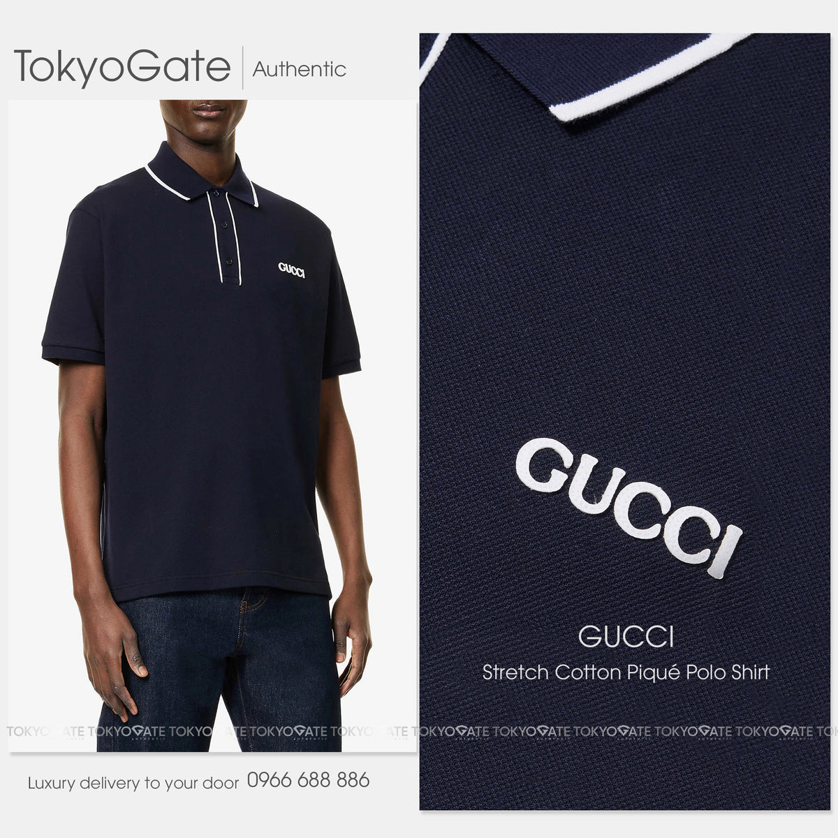 Áo polo Gucci 806250 XJG3G 4003 Cotton Piquet Polo Shirt With Embroidery Navy Regular Fit