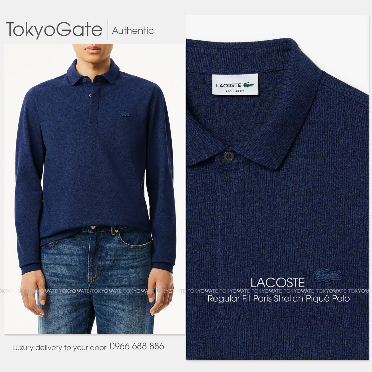 Áo polo Lacoste LS PH2481 3GF Paris Stretch Piqué Blue Chine Regular Fit