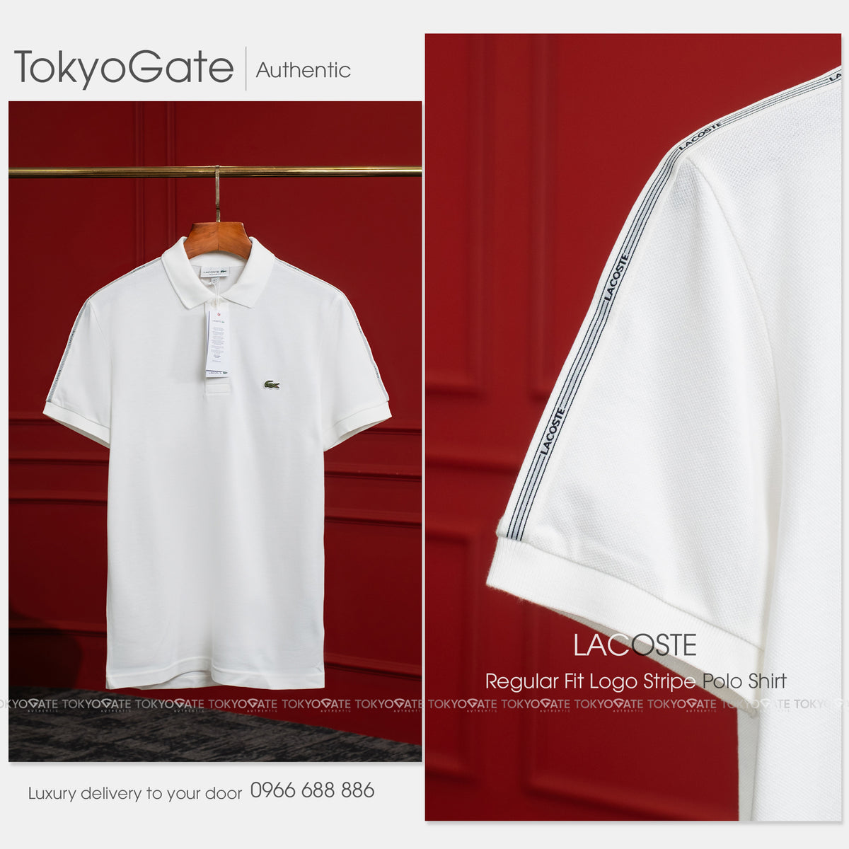 Áo polo Lacoste SS PH0897 70V Logo Stripe White Regular Fit