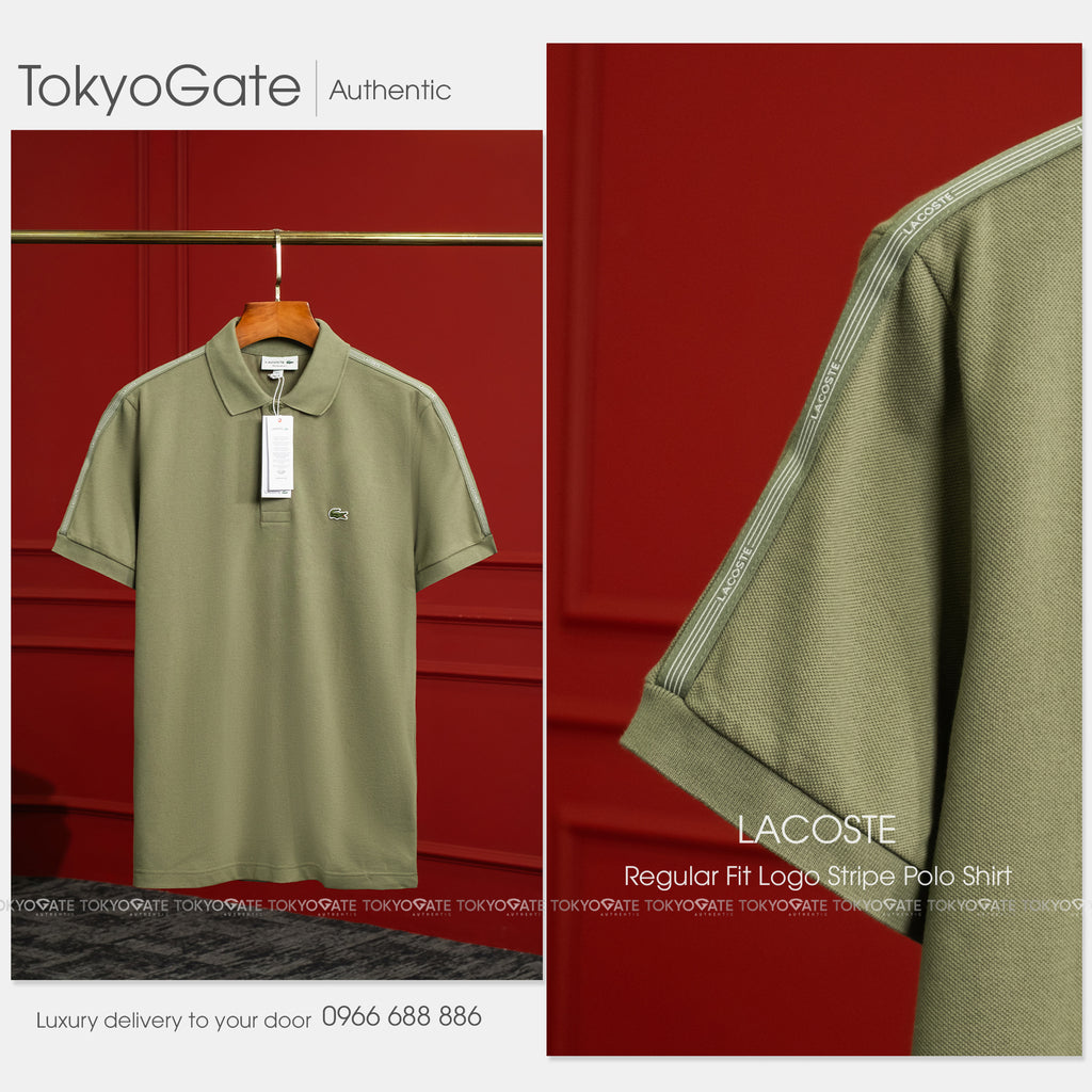 Áo polo Lacoste SS PH0897 BMY Logo Stripe Khaki Green Regular Fit