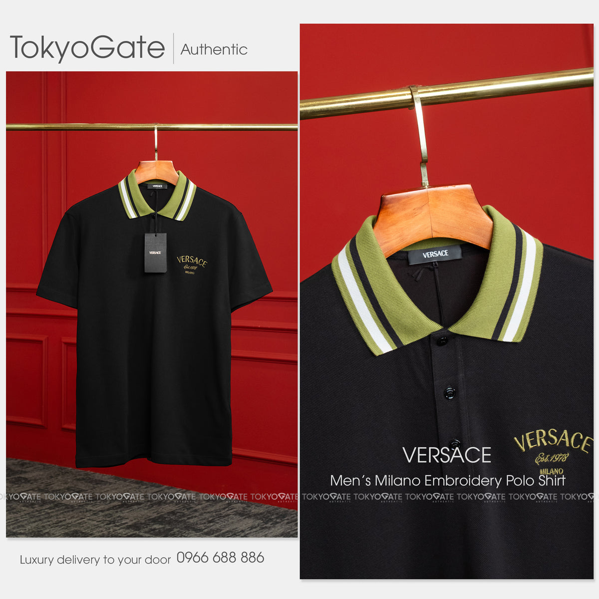 Áo polo Versace 1011851 1A18805 2B0FO Milano Embroidery Black Dark Olive Regular Fit