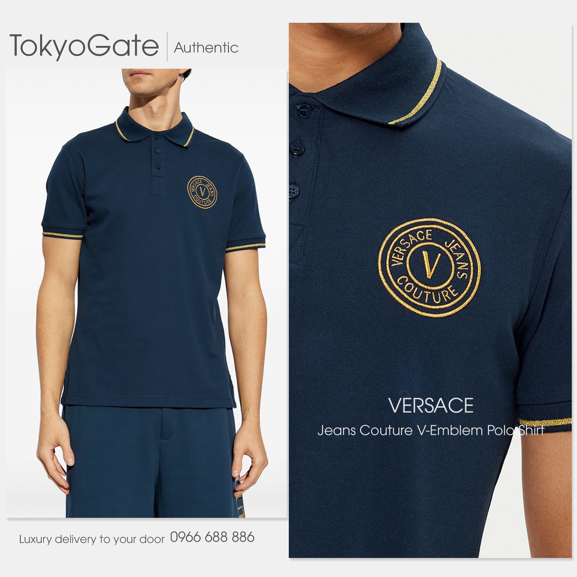 Áo polo Versace Jeans Couture 78GAGT00 78UP621 G83 Blue Gold Slim Fit