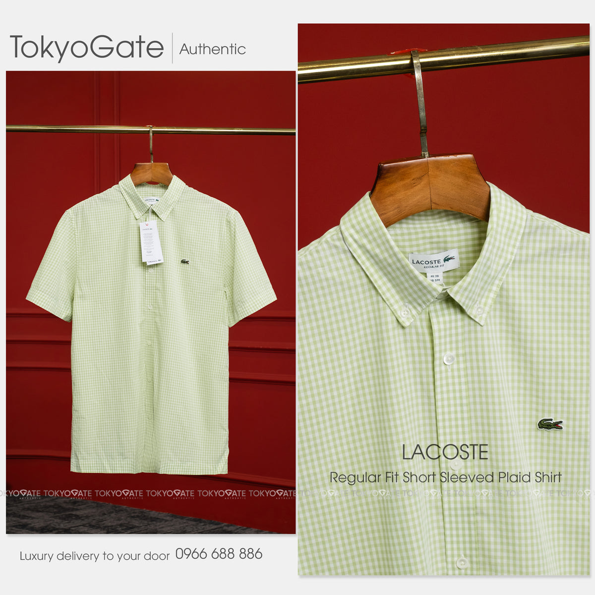 Áo sơ mi Lacoste SS CH2346 4AJ Cotton Poplin Green Check Regular Fit