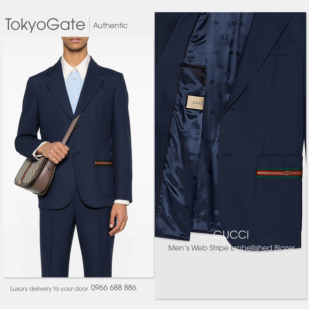 Blazer Gucci 751155 Web Stripe Cotton Formal Jacket Dark Blue