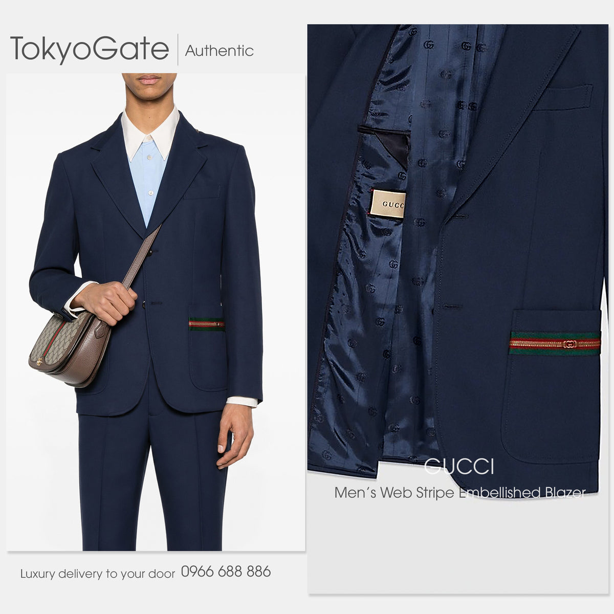 Blazer Gucci 751155 Web Stripe Cotton Formal Jacket Dark Blue