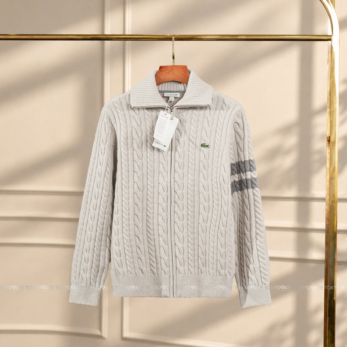 Áo khoác Lacoste AH302E XFJ Cable-Knit Zip-Up Cardigan Beige Regular Fit