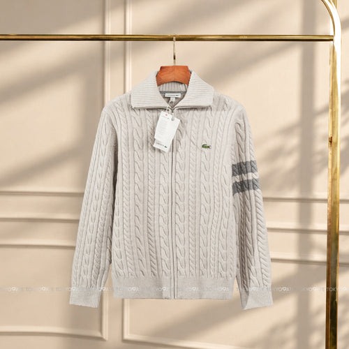 Áo khoác Lacoste AH302E XFJ Cable-Knit Zip-Up Cardigan Beige Regular Fit