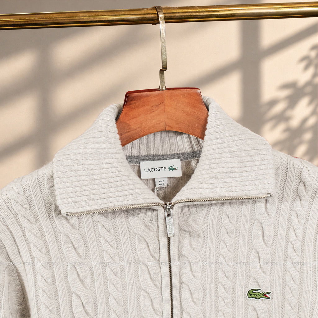 Áo khoác Lacoste AH302E XFJ Cable-Knit Zip-Up Cardigan Beige Regular Fit