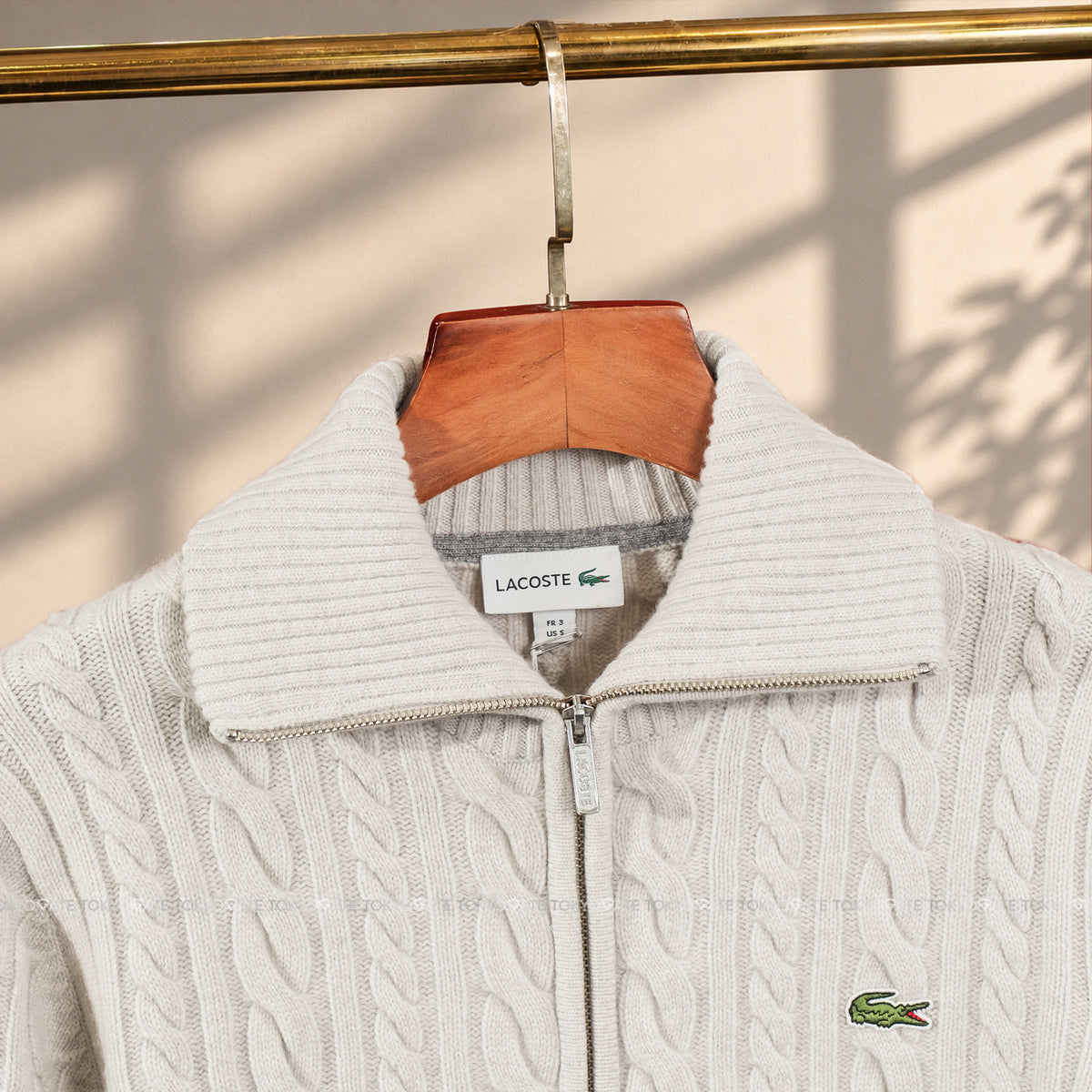 Áo khoác Lacoste AH302E XFJ Cable-Knit Zip-Up Cardigan Beige Regular Fit